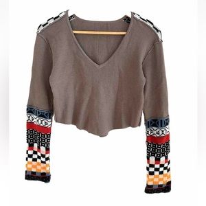 Thermal Top with Sweater Patch Cuff Trim Cropped Grey Multicolor NWOT Size Small